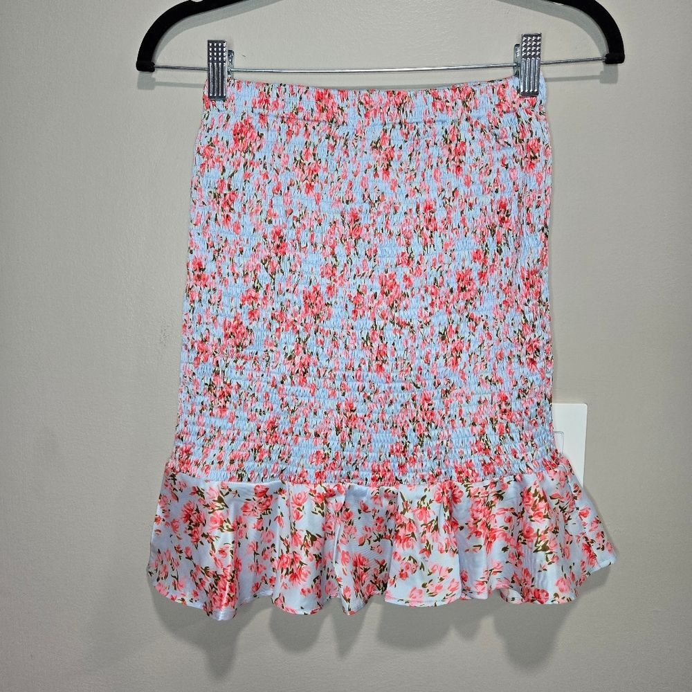 O. Vianca Floral Smocked Skirt - Pink and Blue